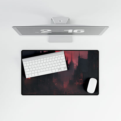 Dark Gothic Cityscape: A Serene Misty Dusk Scene - Desk Mat