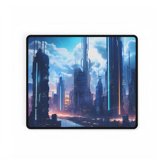 Dark Future Cityscape: Cyberpunk Dystopia Neon Artwork - Desk Mat