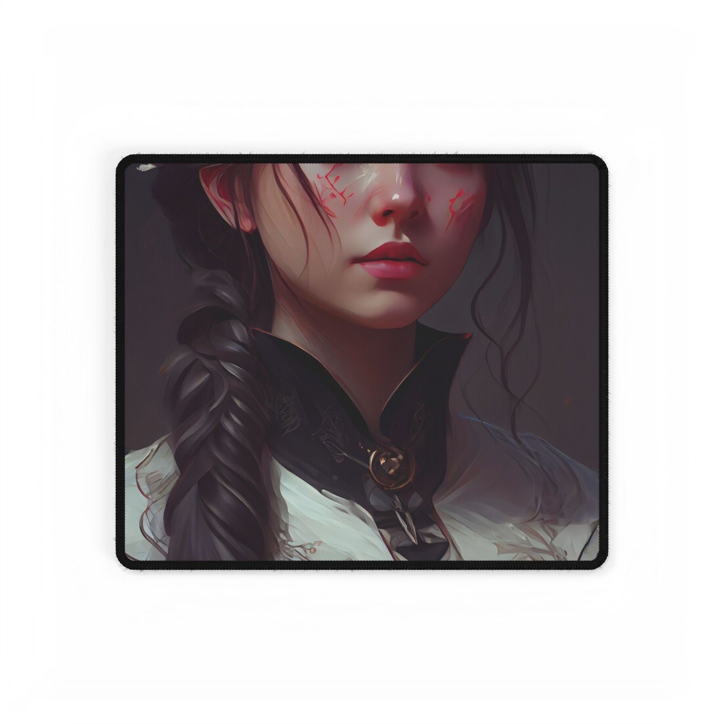Realistic Female Portrait in Black Hair and Dress - Desk Mat