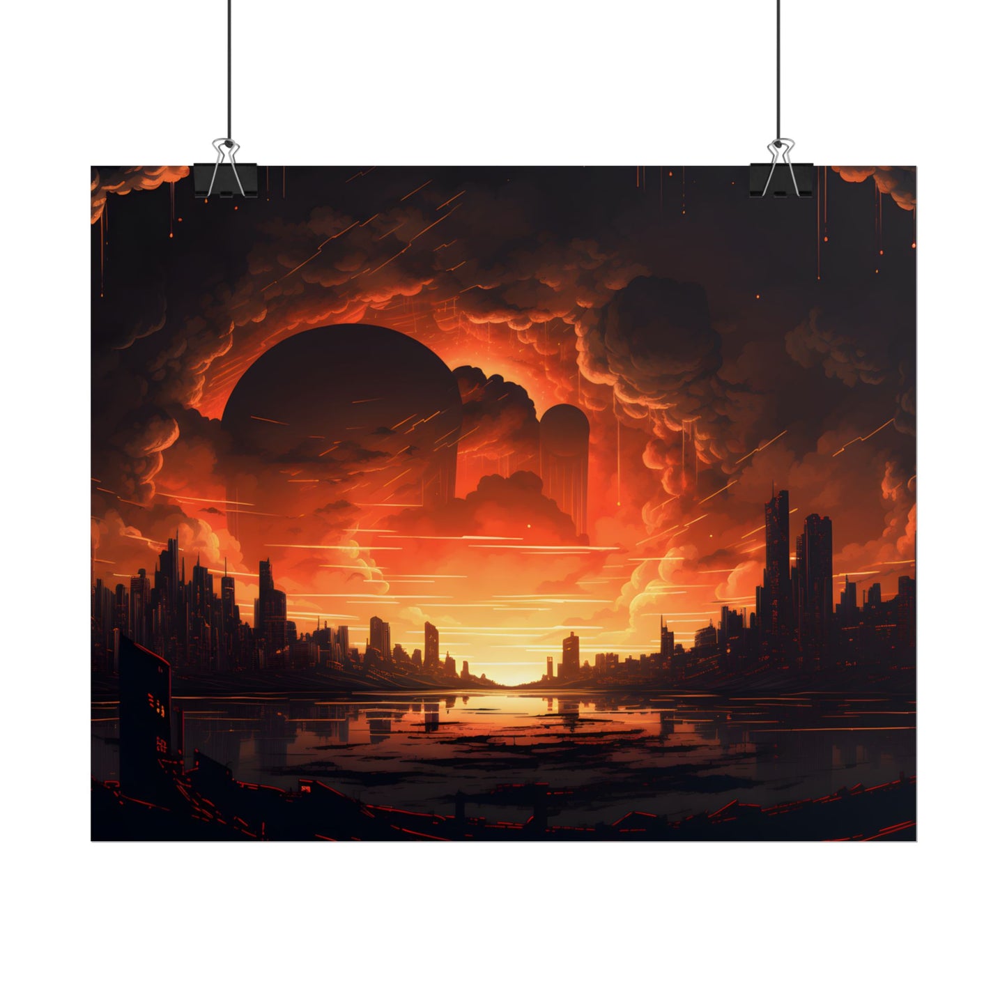 Futuristic Cyberpunk Night: Burning Cityscape Landscape Art - Poster
