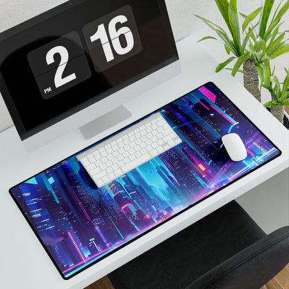 Futuristic Neon City: Towering Skyscrapers in a Vibrant Nighttime Sky - Desk Mat