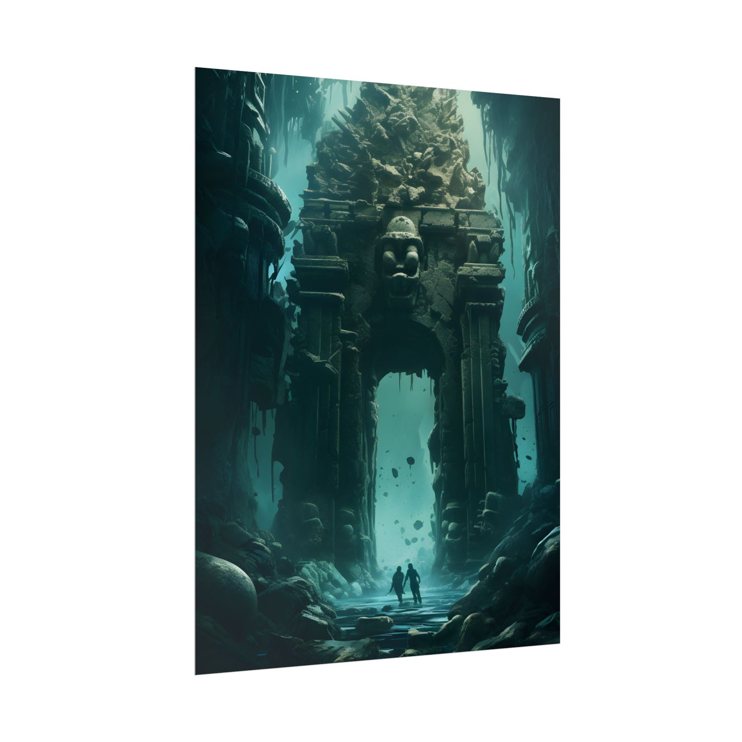 Lost Underwater Ancient City: Mysterious Blue Hues Art - Poster