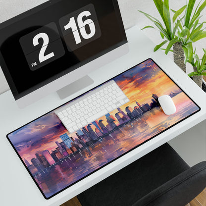 Serene NYC Sunset: Watercolor Skyline Reflections - Desk Mat