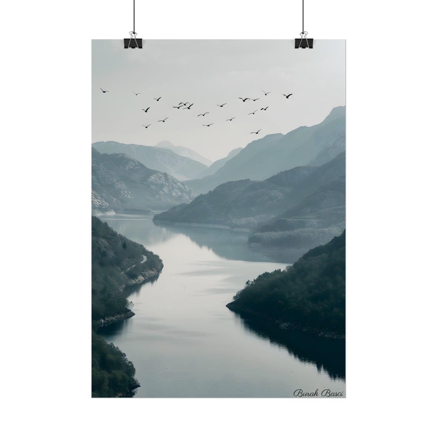 Peaceful Mountain Oasis: Serene Birds Eye View Artwork - Poster