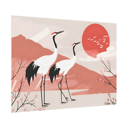 Serene Landscape with Cranes: Peaceful Nature Art - Poster