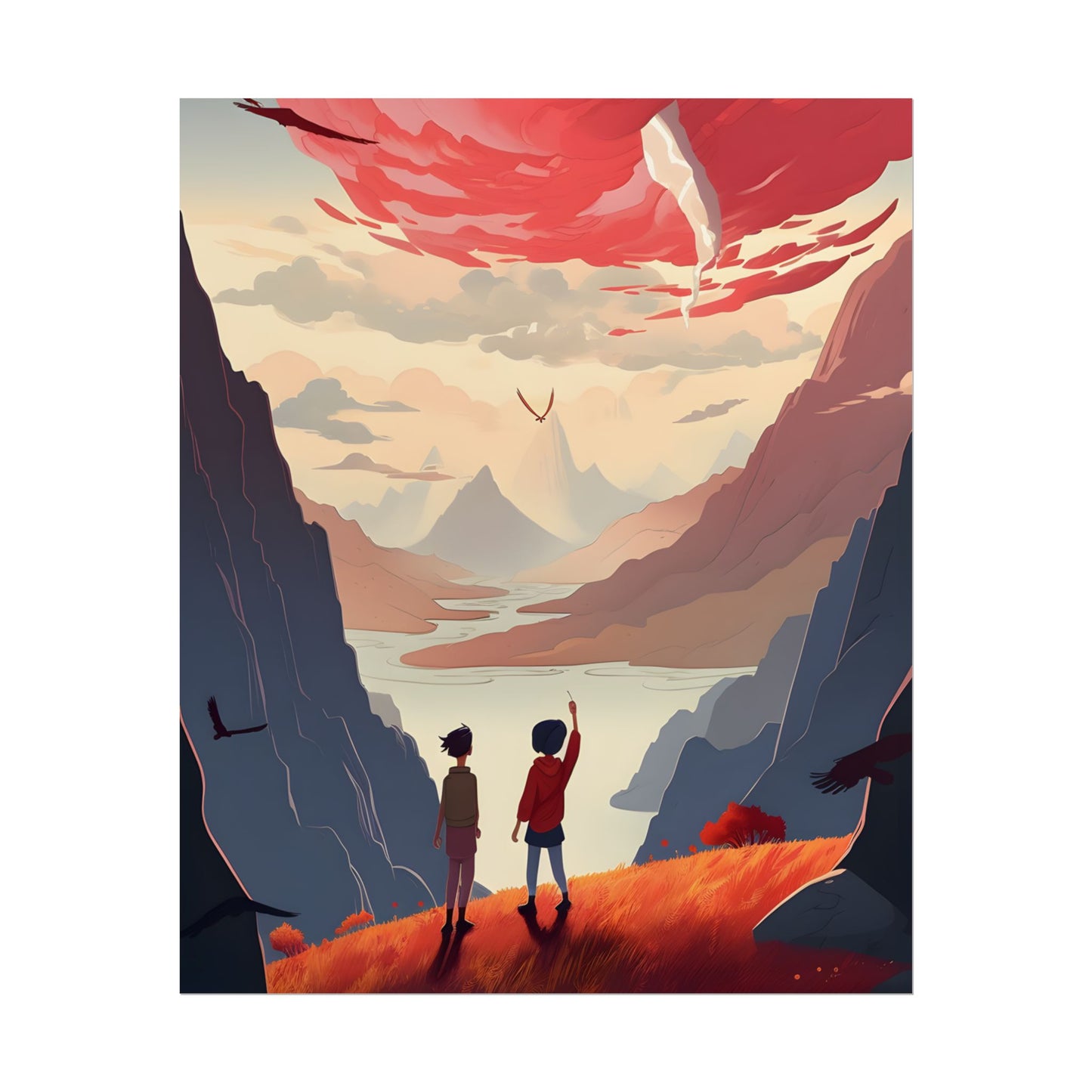 Serene Meadow Scene: Girl & Boy Under Cloudy Sky - Poster