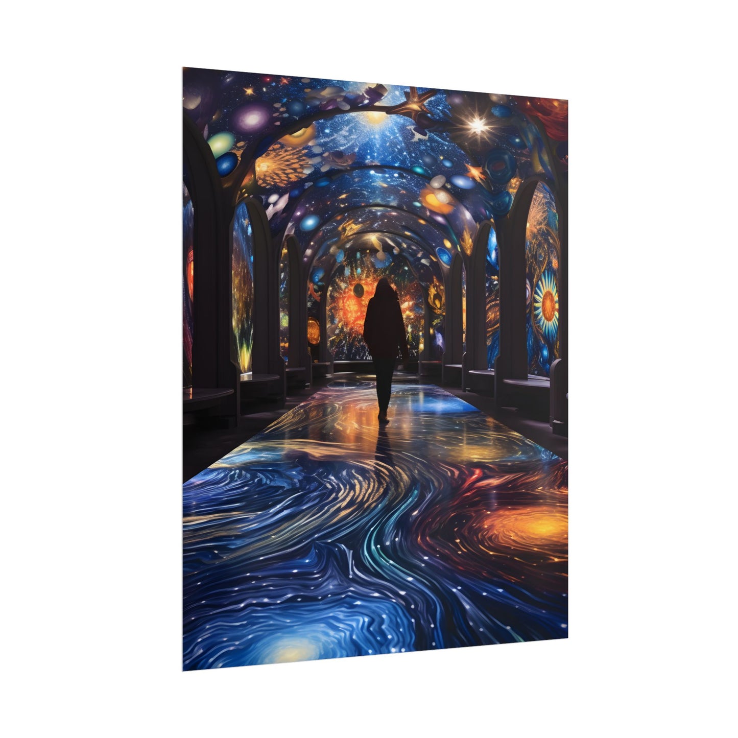 Celestial Art Gallery: Vibrant Space-Themed Artwork in a Colorful Interior - Poster