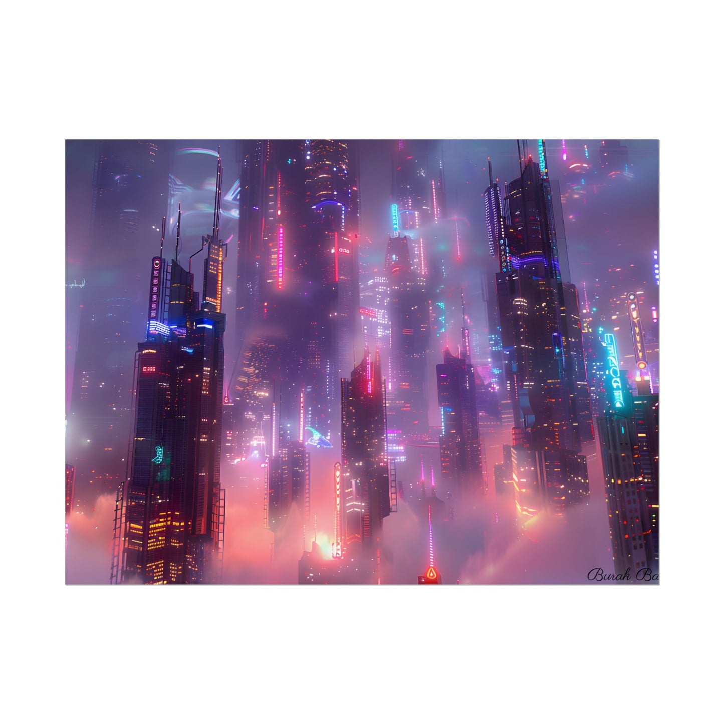 Neon Futuristic Cityscape: Graphic Modern Art - Poster