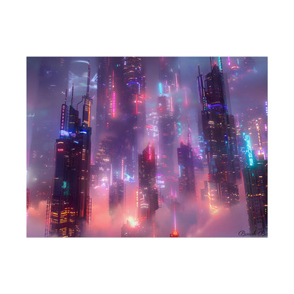 Neon Futuristic Cityscape: Graphic Modern Art - Poster