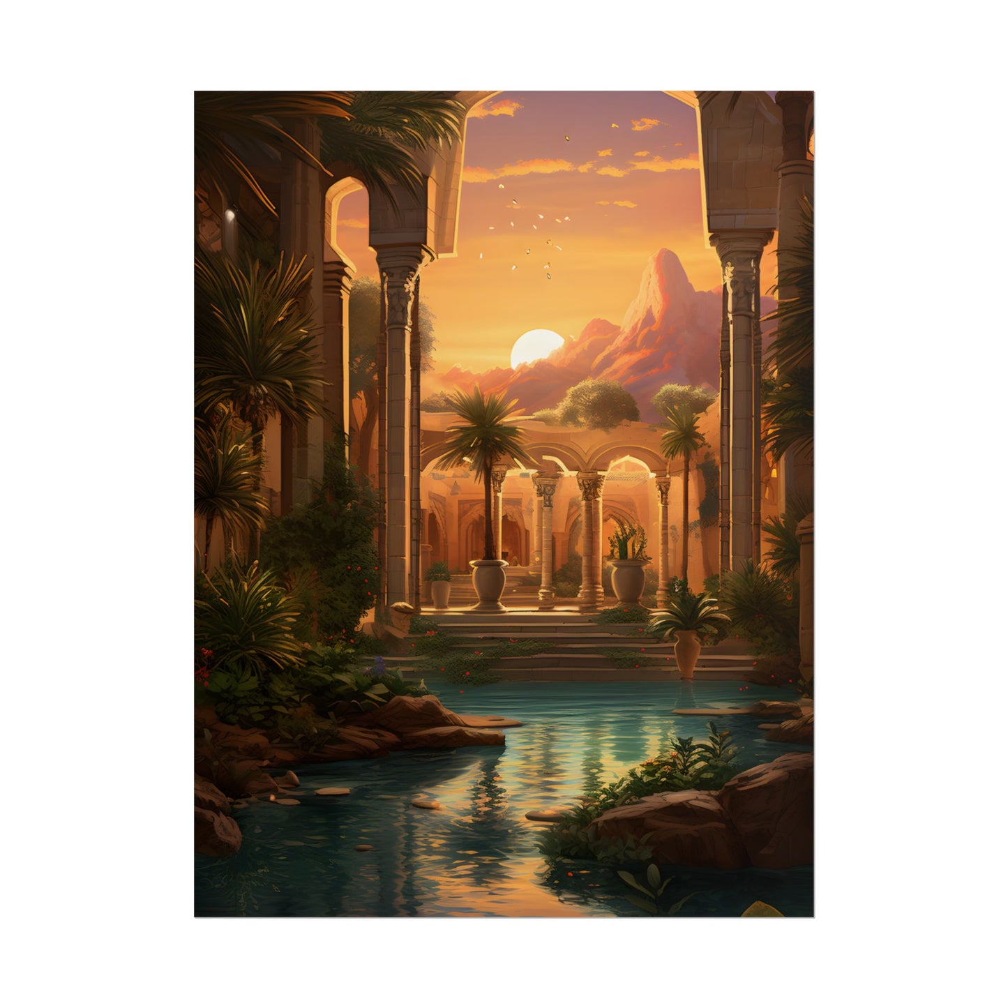 Desert Oasis at Sunset: Magical Desert Artwork - Poster