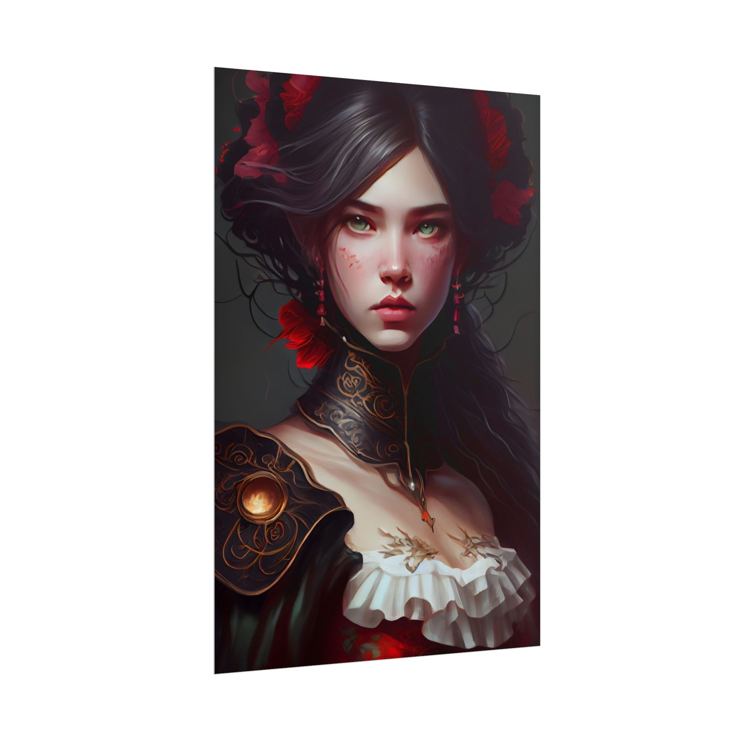Elegant Black Hair Portrait in White Dress - Poster