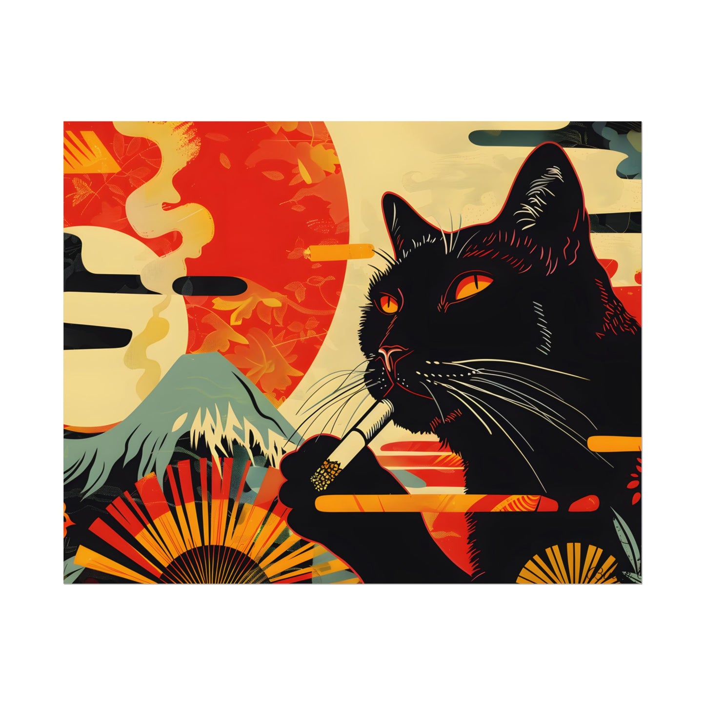Whimsical Cat Smoking: Red & White Stripe Artwork - Poster