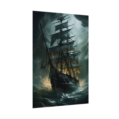 Ghostly Pirate Ship: Sailing Solo in Eerie Blue Skies - Poster