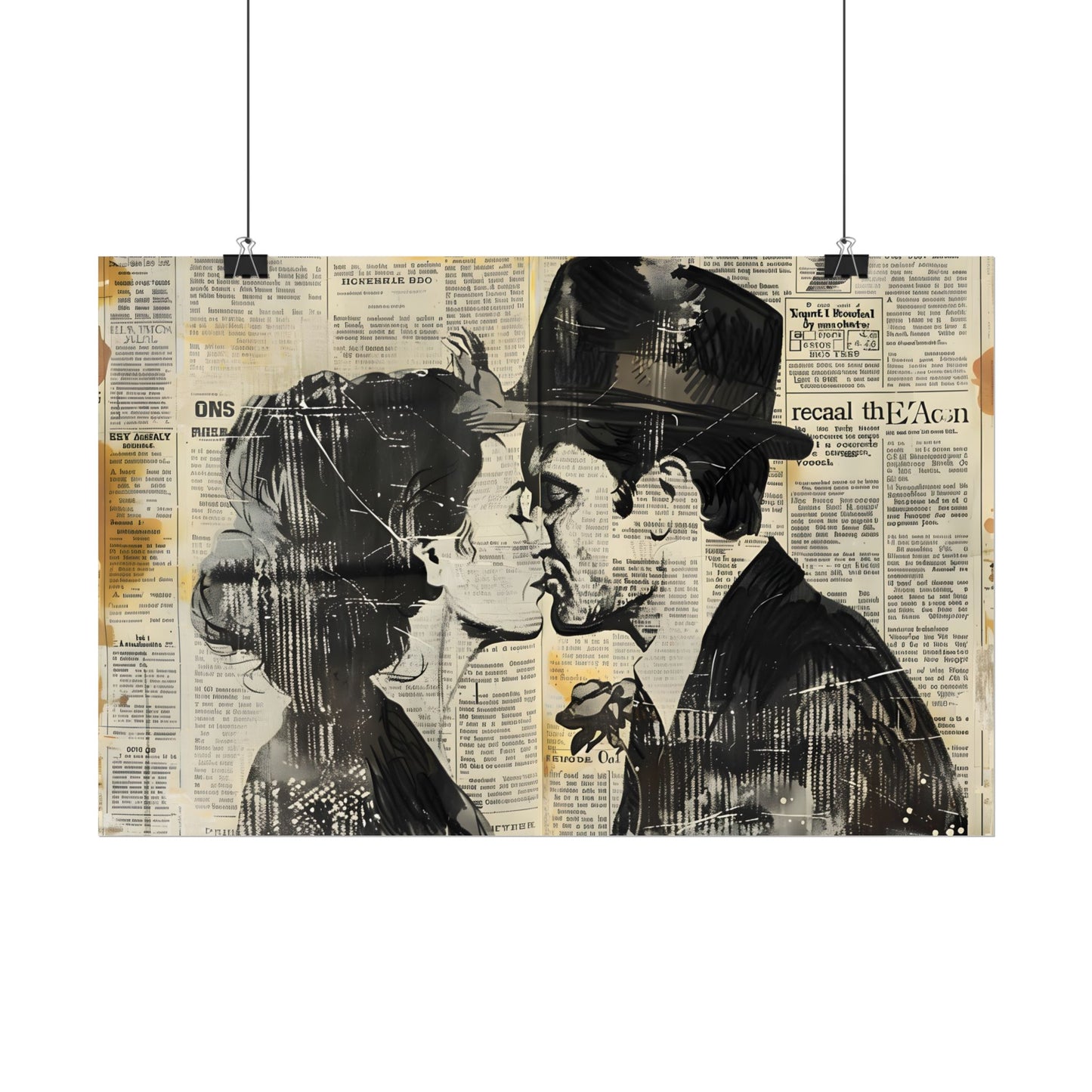 Vintage Romance Couples: Newsprint Artwork - Intimate Moments - Poster