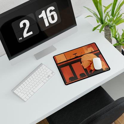 Blonde Woman in Black: Minimalist Portrait Art with a Vibrant Twist - Desk Mat