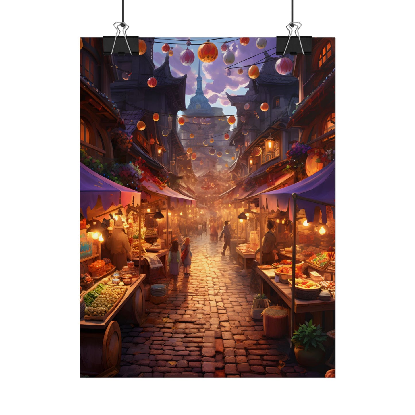 Magical Street Food Market: Vibrant Enchanted Scene Art - Poster
