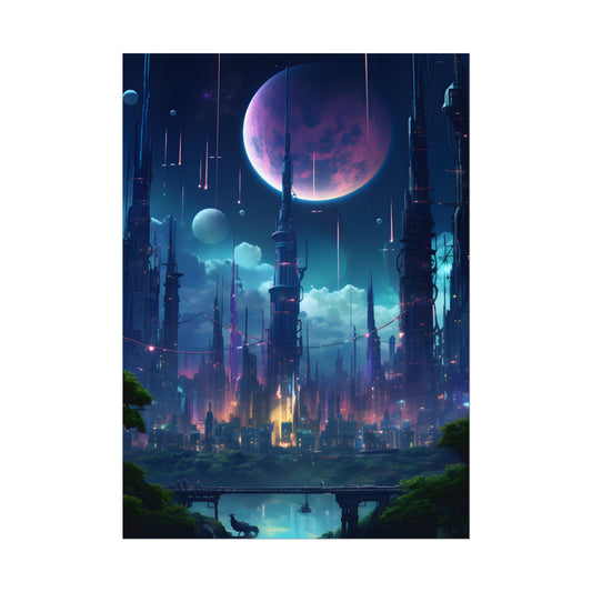 Cyberpunk Night: Melancholic Urban Landscape Digital Artwork - Poster