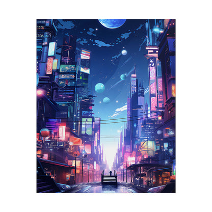 Melancholic Night in Cyberpunk City: Urban Landscape Art - Poster