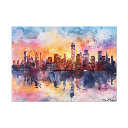 Watercolor NYC Sunset: City Skyline at Golden Hour - Poster