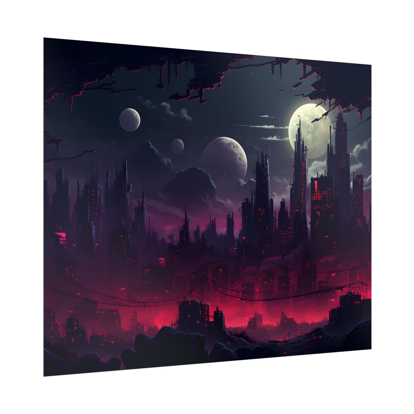 Burning Cyberpunk Cityscape at Night: Digital Art - Poster