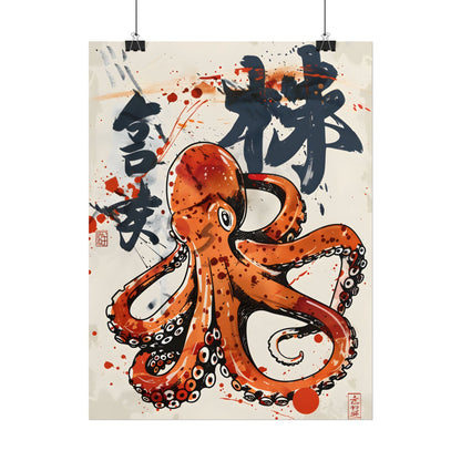 Traditional Japanese Octopus Art: Ukiyo-e Style Mural - Poster