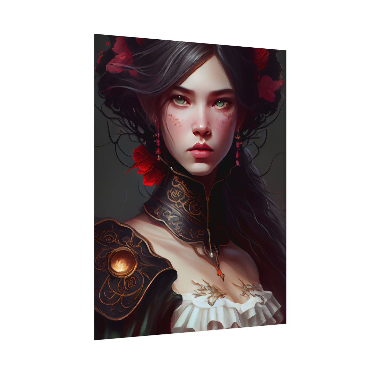 Elegant Black Hair Portrait in White Dress - Poster