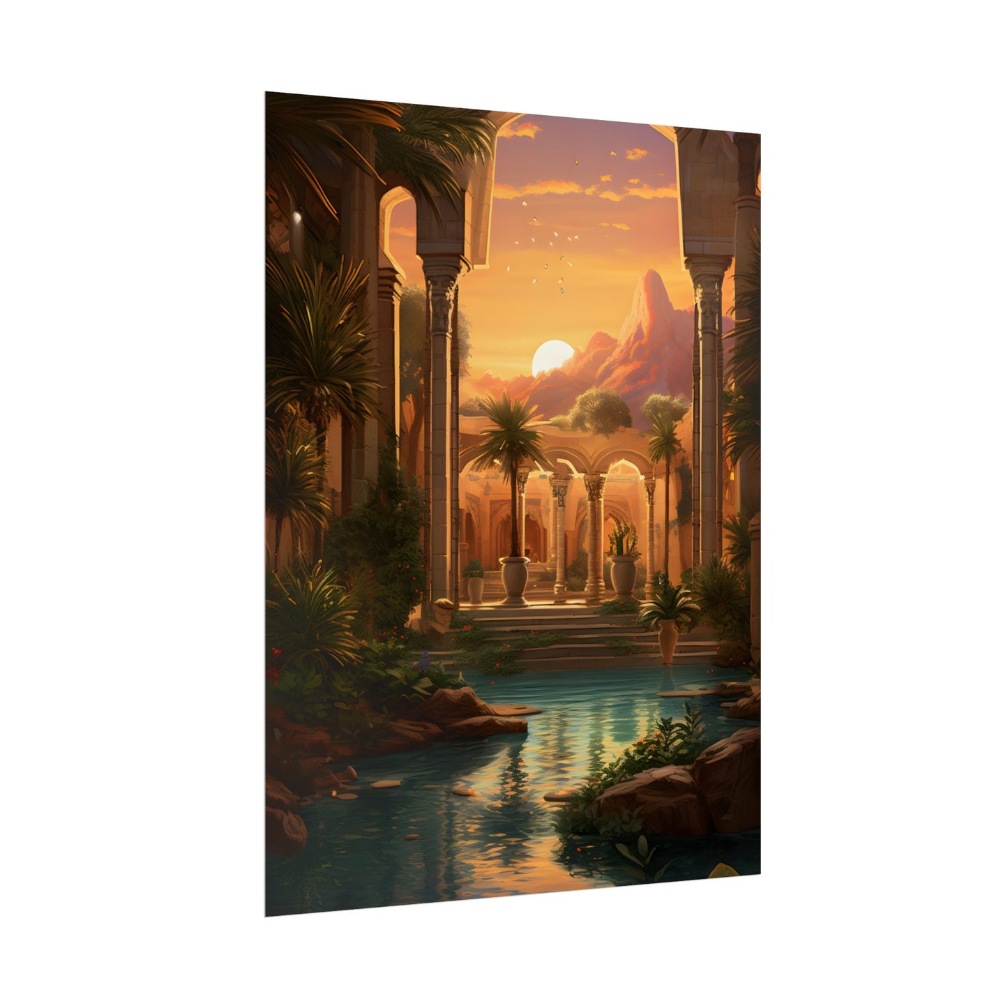 Desert Oasis at Sunset: Magical Desert Artwork - Poster
