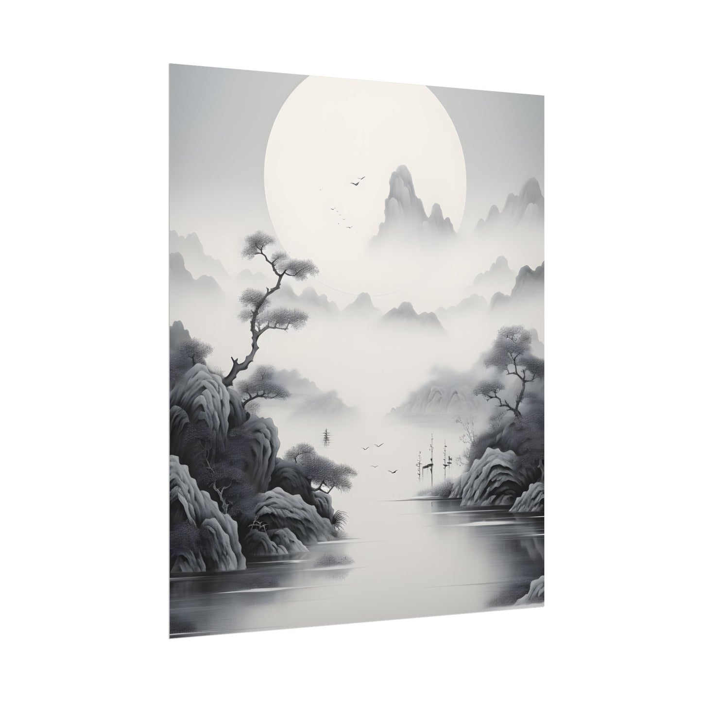 Chinese Ink Mirror Landscape: Serene Artwork - Poster