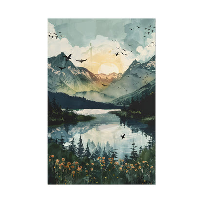 Serene Mountain Lake: Birds in Flight - Natural Art - Poster
