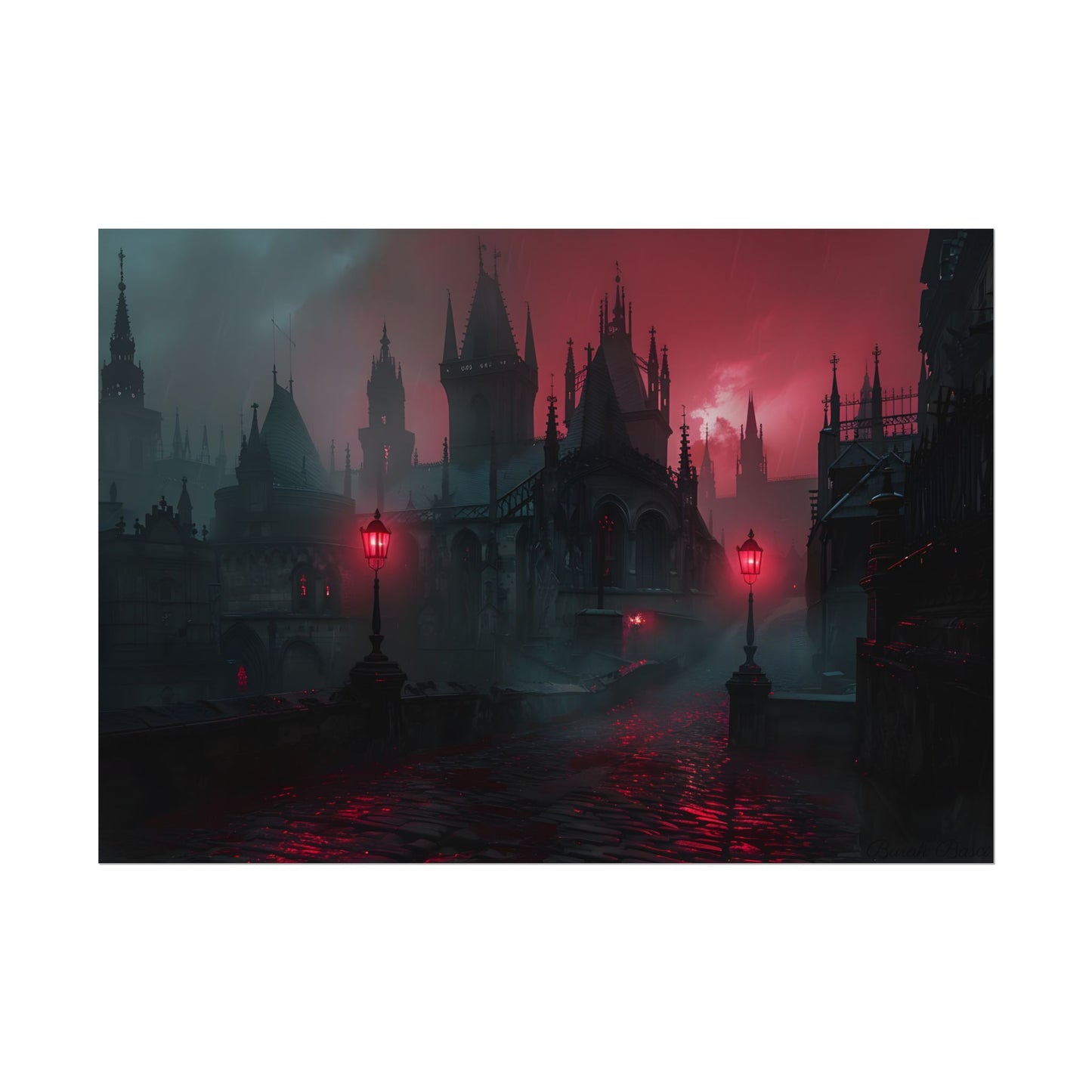 Dark Gothic Cityscape: Misty Twilight Artwork - Poster