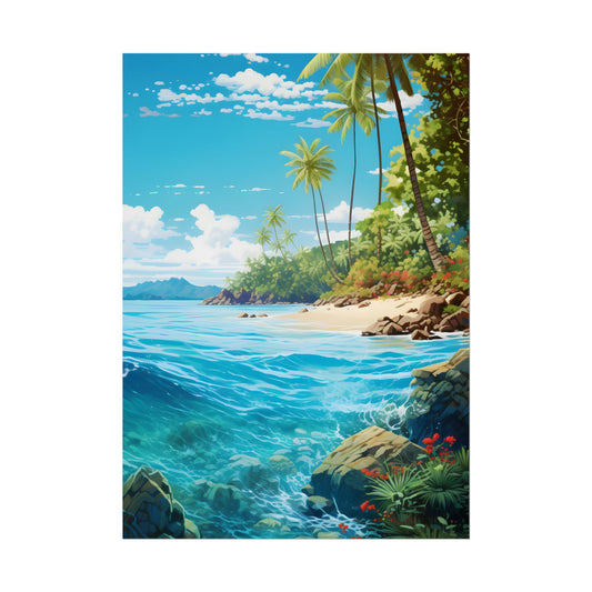 Tropical Island Serenity: Tranquil Sandy Beach with Palm Trees - Poster