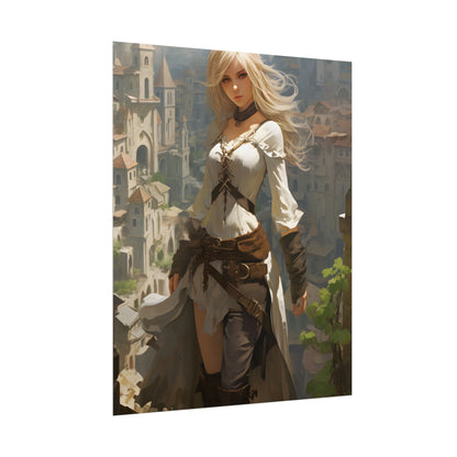 Anime Bird's Eye View Portrait: Blonde Beauty in Motion - Poster