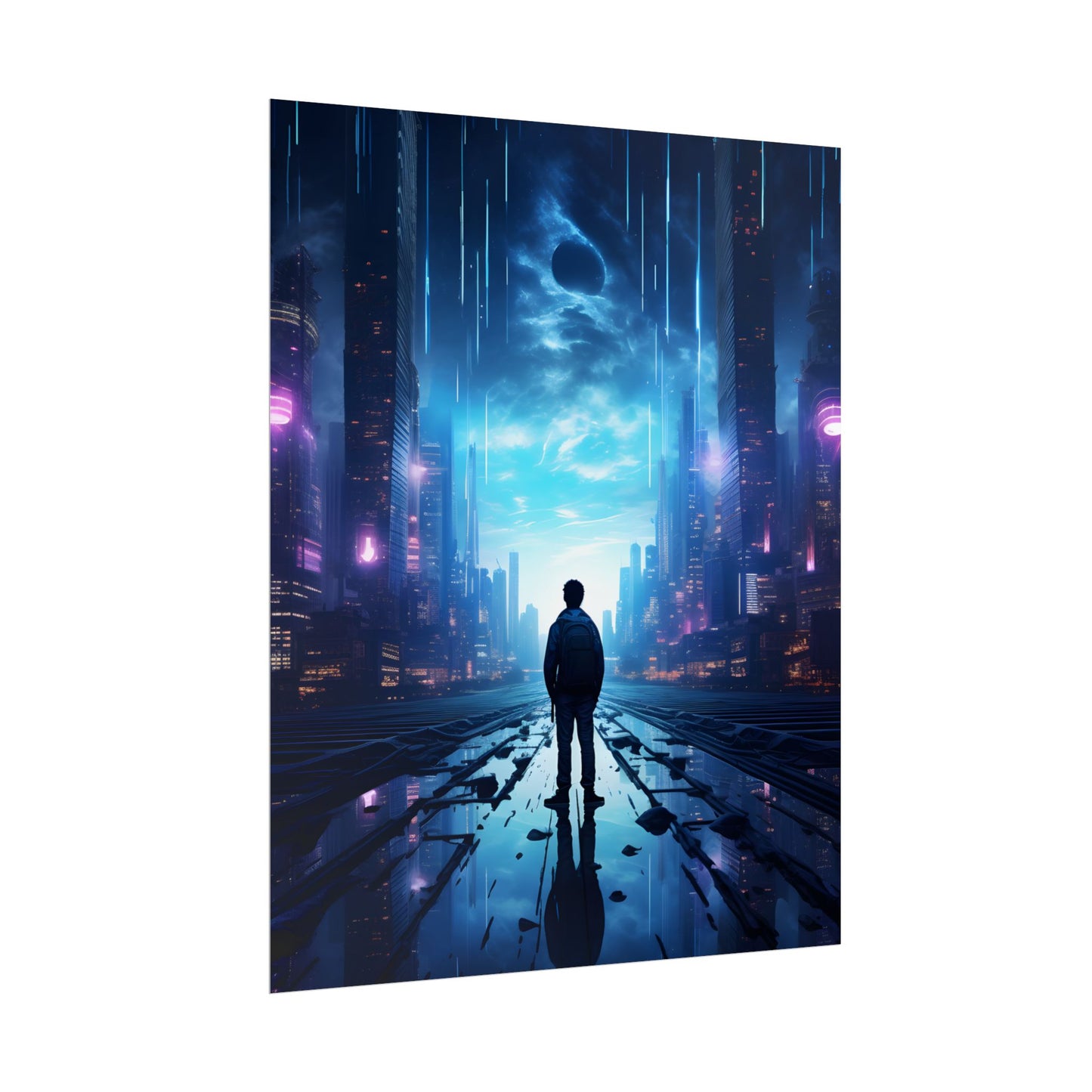 Cyberpunk Cityscape at Night: Melancholic Landscape Digital Art - Poster