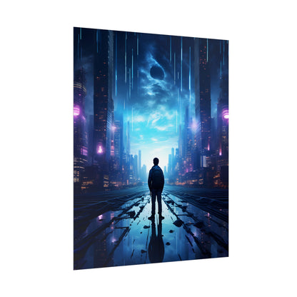 Cyberpunk Cityscape at Night: Melancholic Landscape Digital Art - Poster