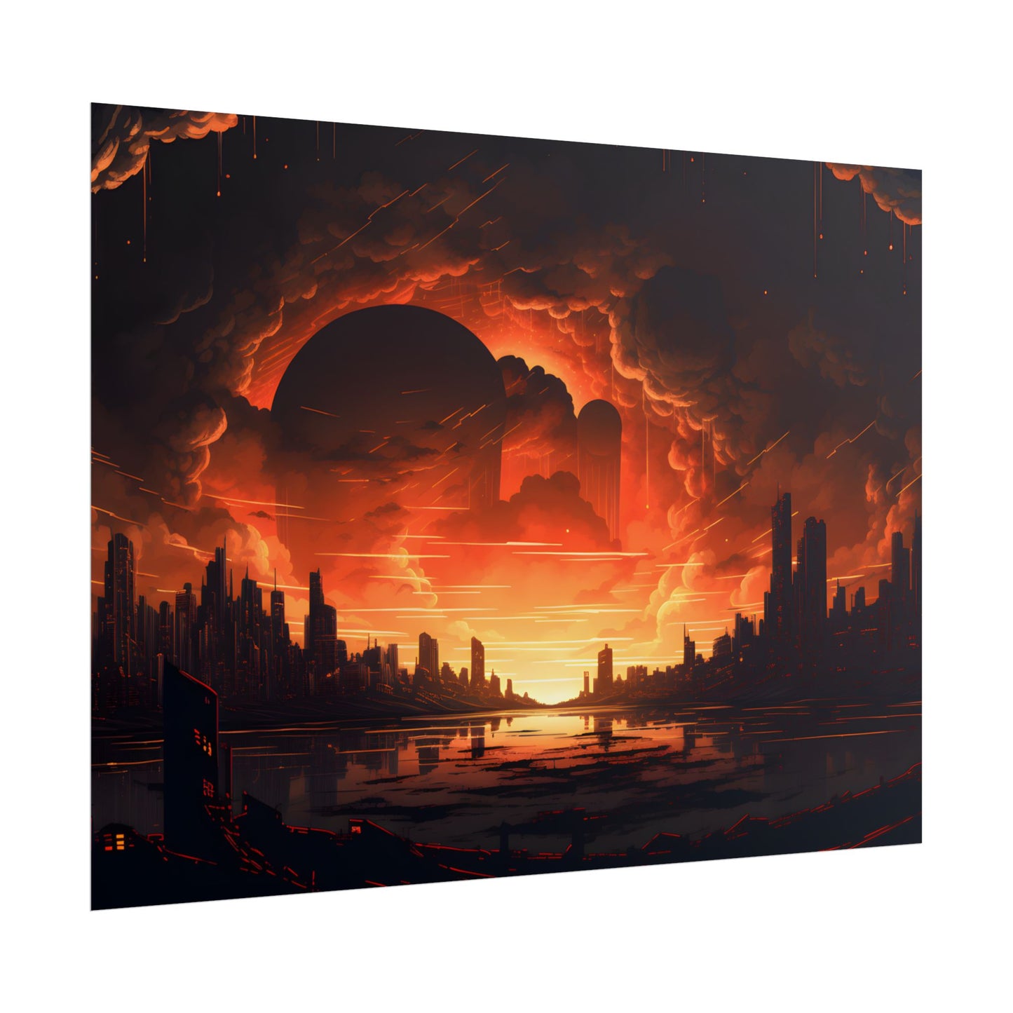 Futuristic Cyberpunk Night: Burning Cityscape Landscape Art - Poster