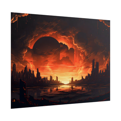 Futuristic Cyberpunk Night: Burning Cityscape Landscape Art - Poster