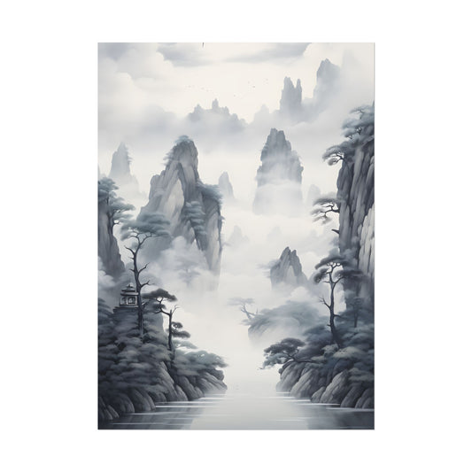 Chinese Ink Tranquility: Serene Mirrored Lakescape - Poster