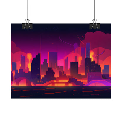 Burning Cyberpunk Cityscape: Nighttime Digital Artwork - Poster