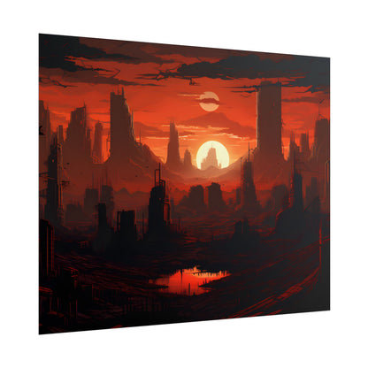 Cyberpunk Nighttime Cityscape: Burning City Digital Art - Poster