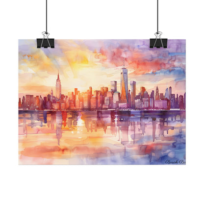 Watercolor Sunset New York City Skyline: Beautiful Artwork - Poster