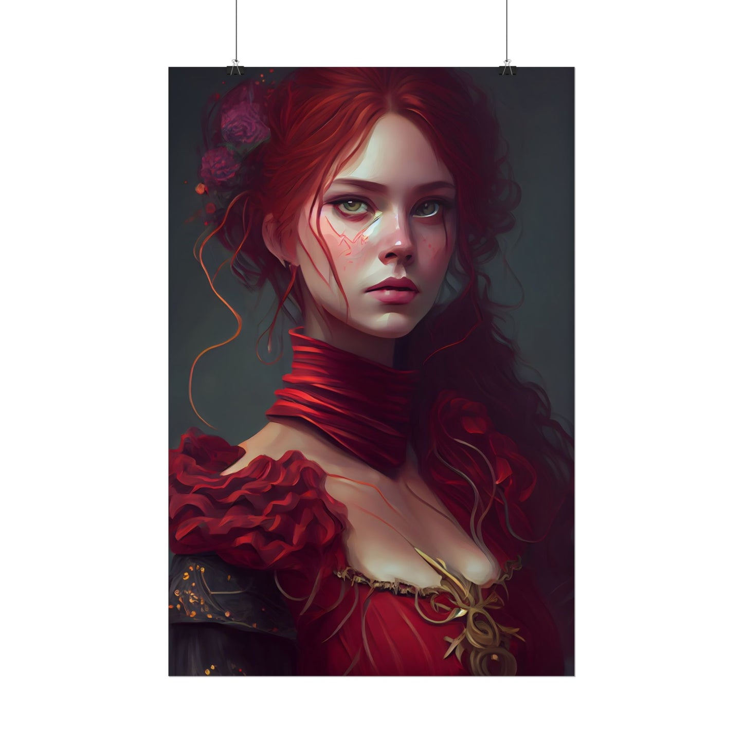 Vibrant Redhead Portrait: Female Artwork in Red Dress - Poster