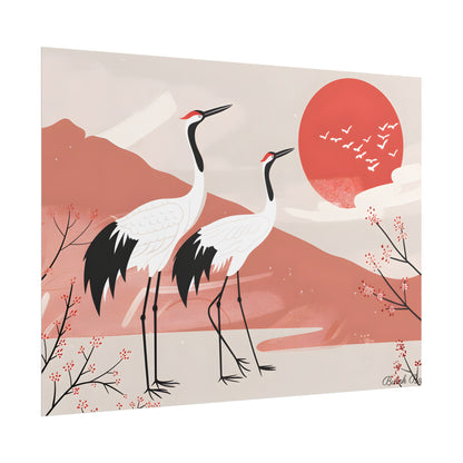 Serene Landscape with Cranes: Peaceful Nature Art - Poster