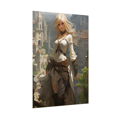 Anime Bird's Eye View Portrait: Blonde Beauty in Motion - Poster