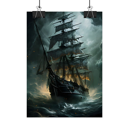 Ghostly Pirate Ship: Sailing Solo in Eerie Blue Skies - Poster