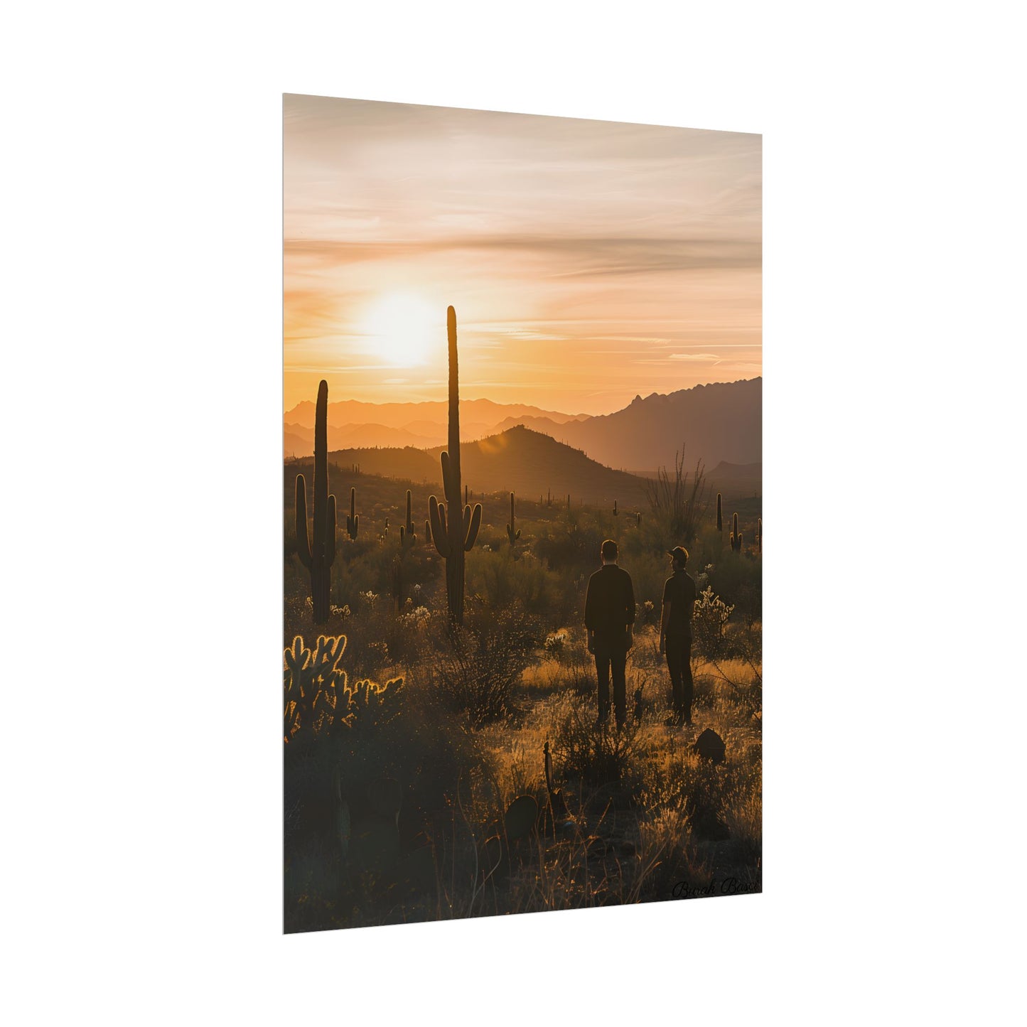 Desert Sunset Serenity: Two Friends Standing Together - Poster