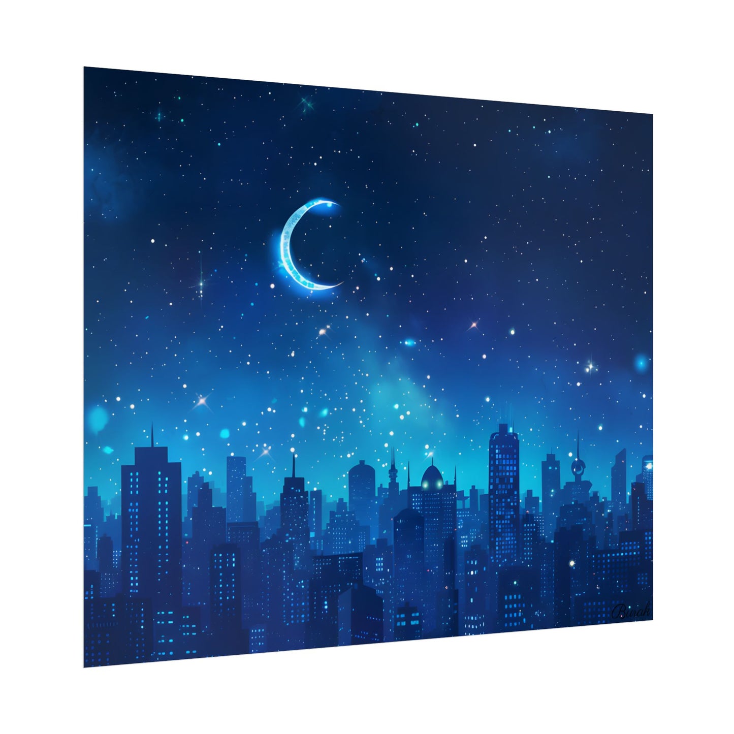 Peaceful Night Sky with Crescent Moon: Starry Digital Art - Poster