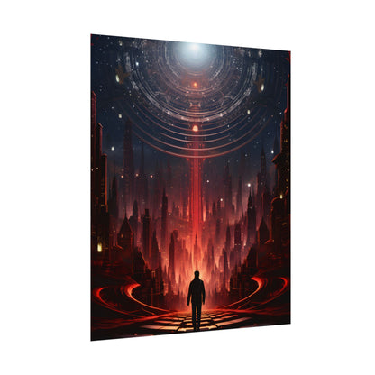 Futuristic Cityscape: Neon Sky Meets Nature's Harmony - Poster