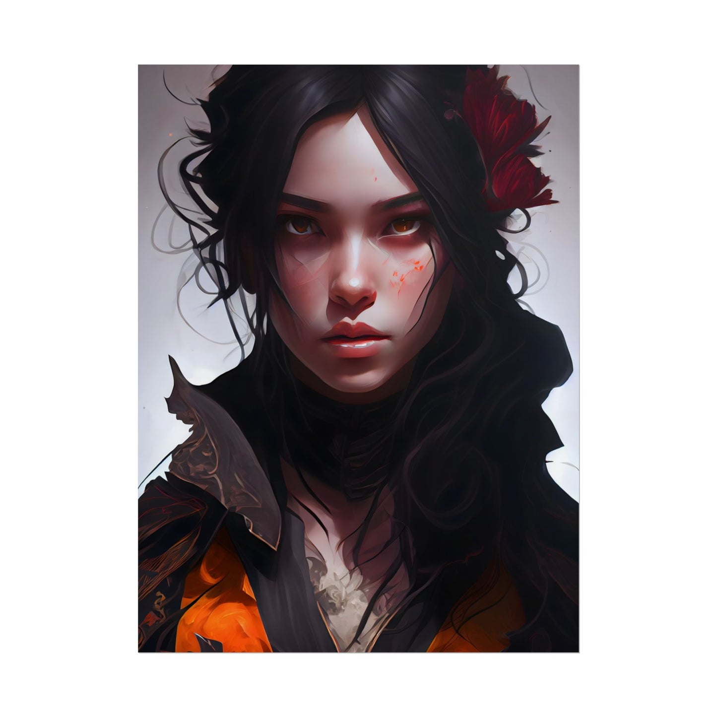 Black Hair Female Portrait: Elegant Dress Artwork - Poster