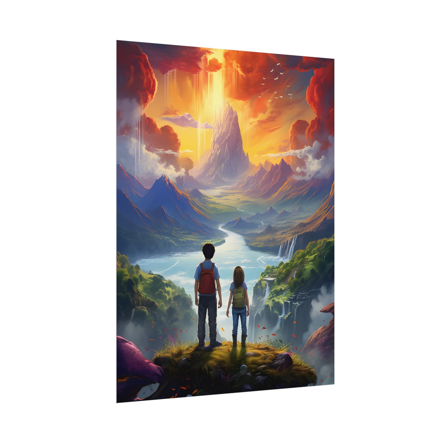 Girl, Boy, Meadow: A Peaceful Cloudy Day Artwork - Poster