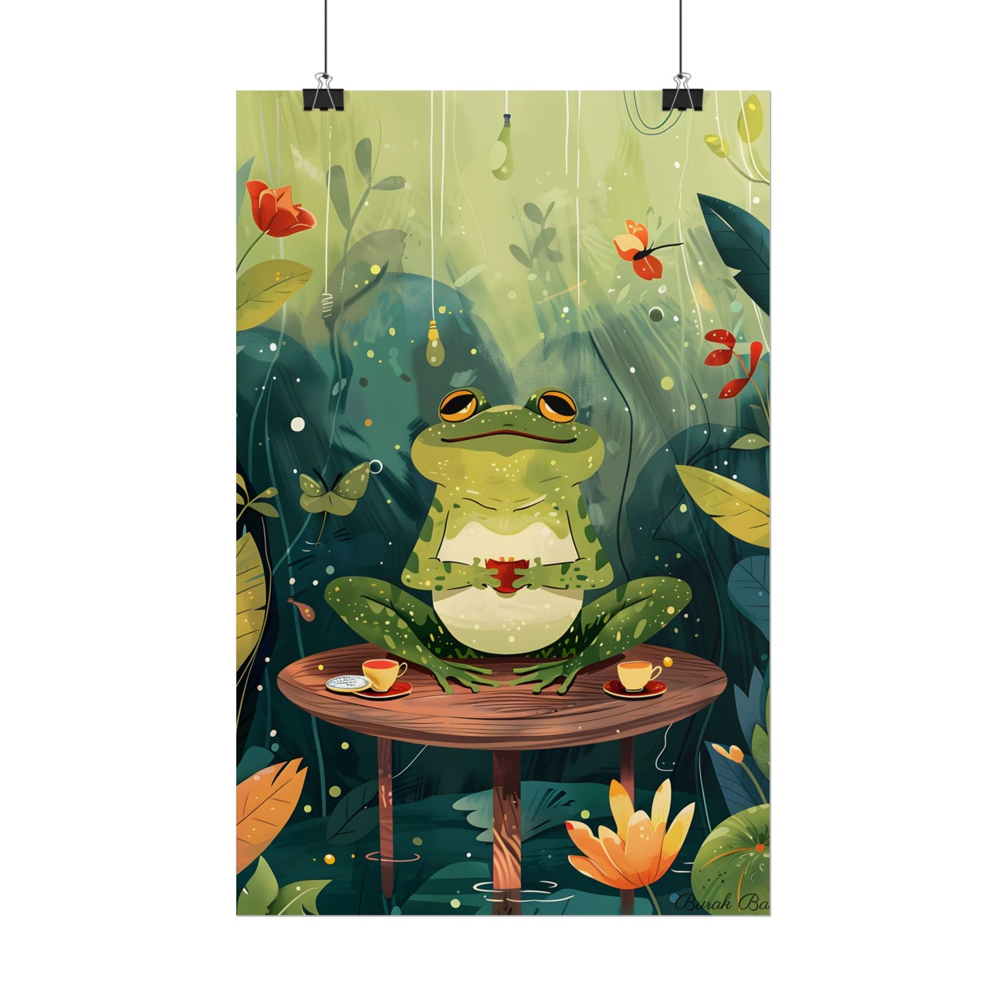 Whimsical Frog on Water: Playful Lily Pad Illustration - Poster